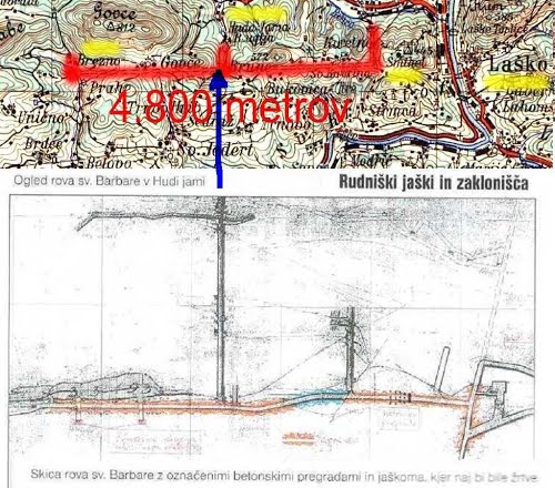 Brezno - Huda Jama - Smihel, zgornja karta iz 1930 leta in podzemni rov dolžine 4.800m. Spodaj presek rudniškega jaška in rova ter pregrade skica 2007 leta.
