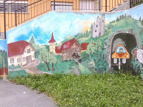 Paka pri Velenju, 2013-06-28.g., šolski grafiti (cerkev Sv. Adrej, grad Šalek in cestni predor pod gradom)