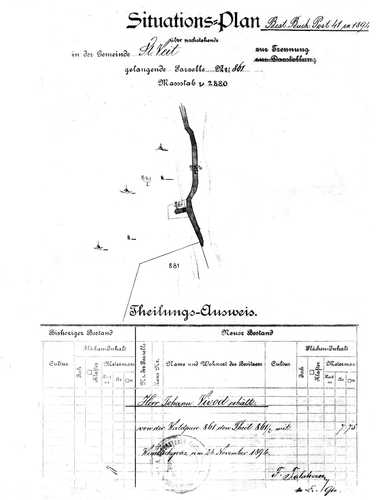 Huda Luknja 1894. leta: Mapna kopija in pogodba za parcelo, kupec  IVAN VIVOD