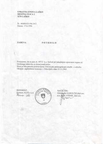 1996 odgovor Upravne enote Društvu za ureditev zamolčanih grobišč